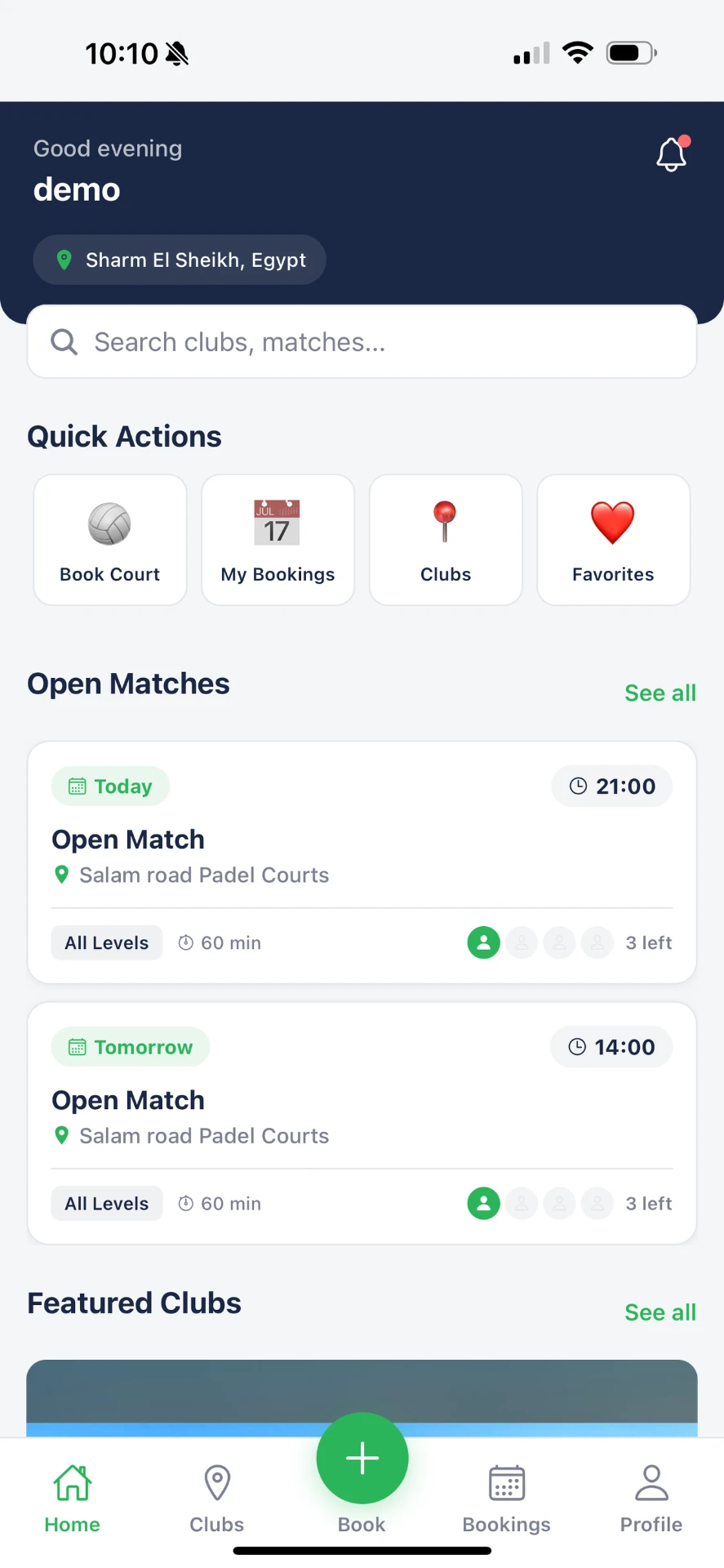 Padel Sharm app home screen showing open matches in Sharm El Sheikh