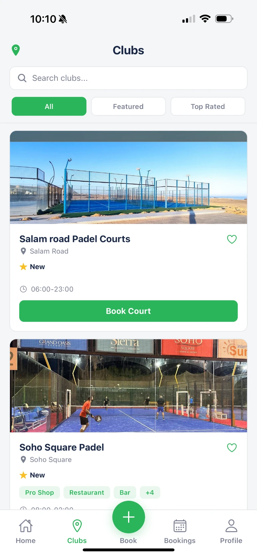 Club directory in the Padel Sharm app with search and filters